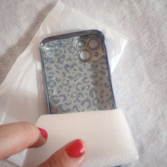 Glitter Leopard Print iPhone 15 Plus Case - Silver and Blue - Picture 4 of 11